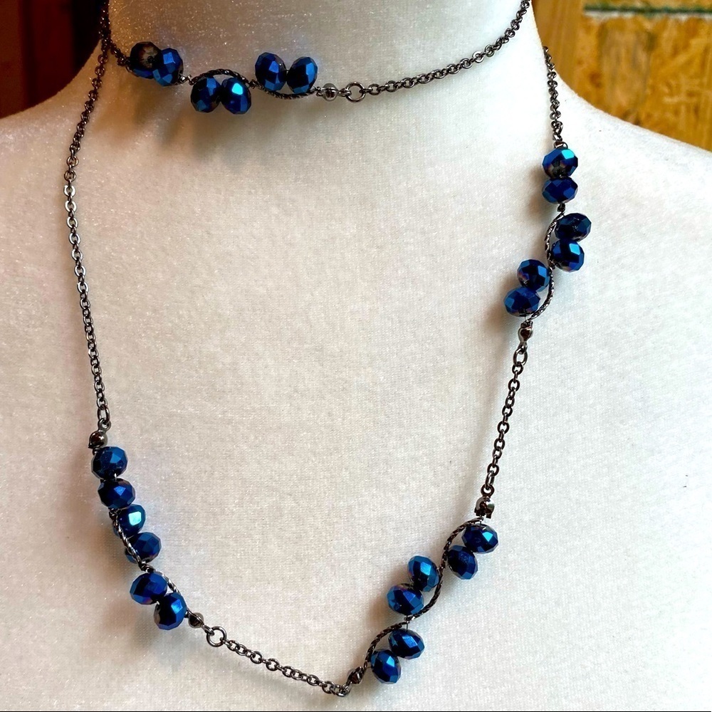 Silver Blue Iridescent Beads Sparkly Long Strand Can be doubled